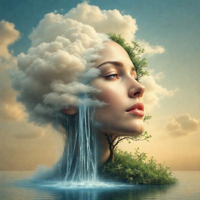 The primary subject of the image is a woman with a cloud for a head. She is surrounded by a serene environment, with a body of water and clouds in the background. The visual style of the image is a combination of digital art and illustration, creating a surreal and dreamy atmosphere. The colors in the image are predominantly blue and white, which contribute to the calming and serene mood.